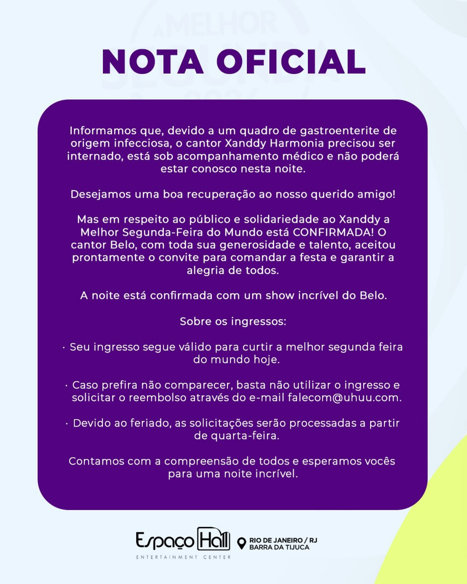 Comunicado publicado nas redes sociais de Xanddy Harmonia - Reprodução/Instagram