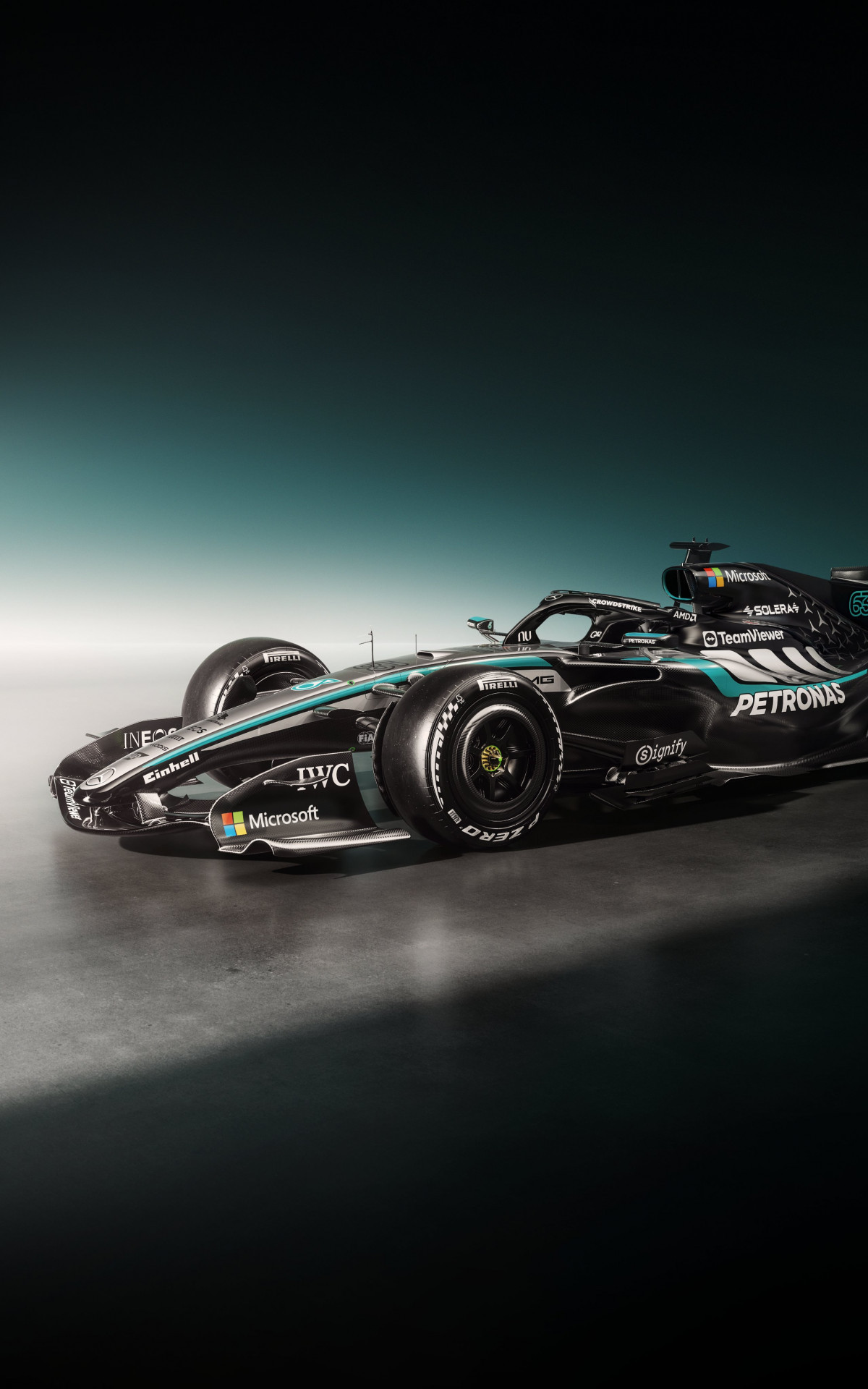 Carro da Mercedes para a temporada 2026 de Fórmula 1 mantém as cores preta, prata e verde-água