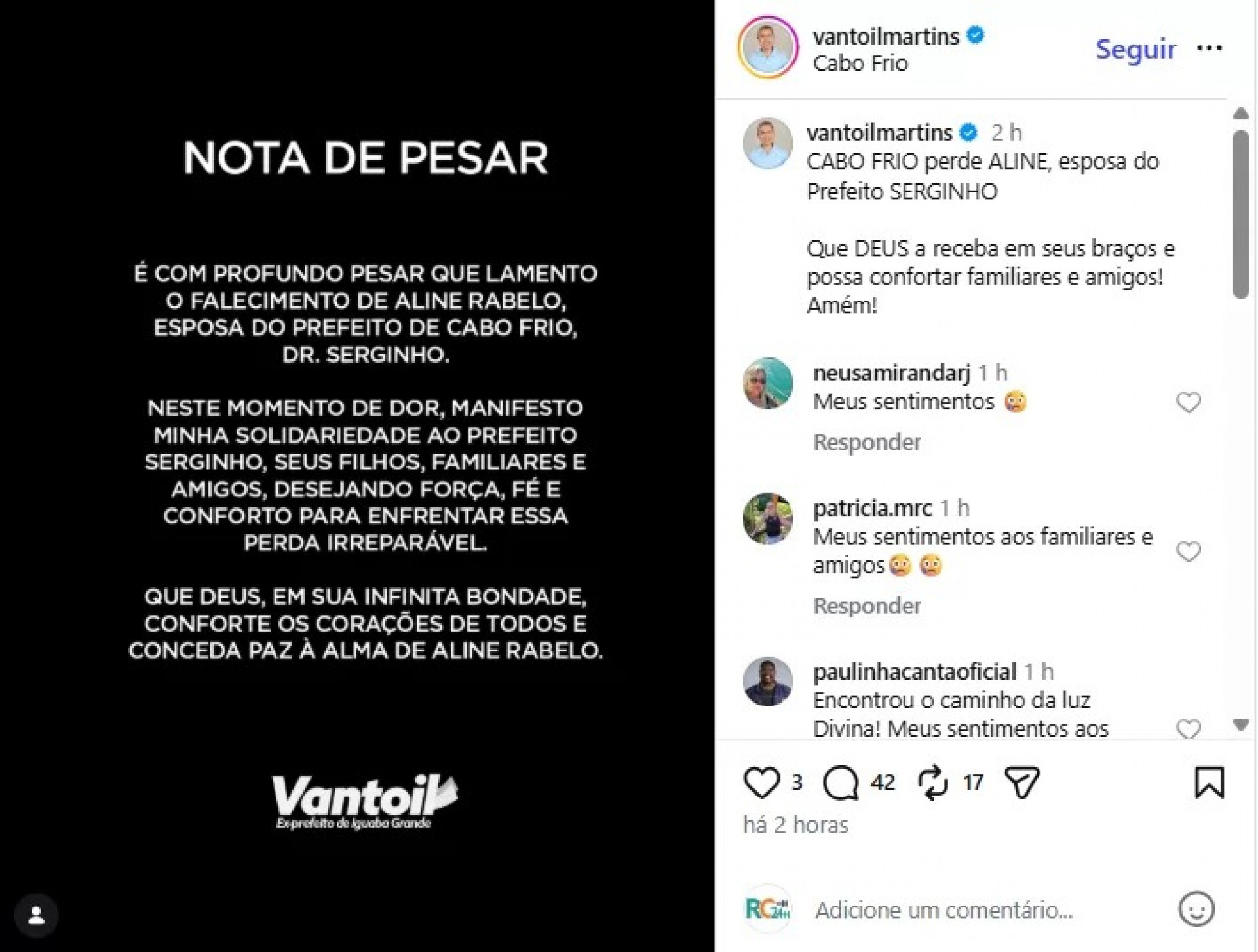 Autoridades e entidades prestam apoio &agrave; fam&iacute;lia do prefeito Dr. Serginho - Reprodu&ccedil;&atilde;o/Redes sociais 