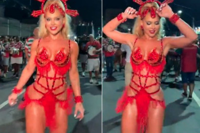 Com look vermelho, Virginia Fonseca participa do último ensaio de rua da Grande Rio 