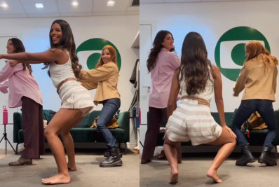 Mell Muzzillo ensina coreografia viral para Gabriela Medvedovski e Alanis Guillen nos bastidores de 'Três Graças'