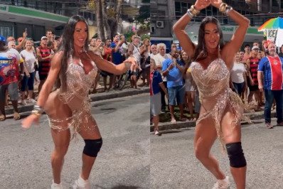 Gracyanne Barbosa samba de tênis em ensaio da União da Ilha 