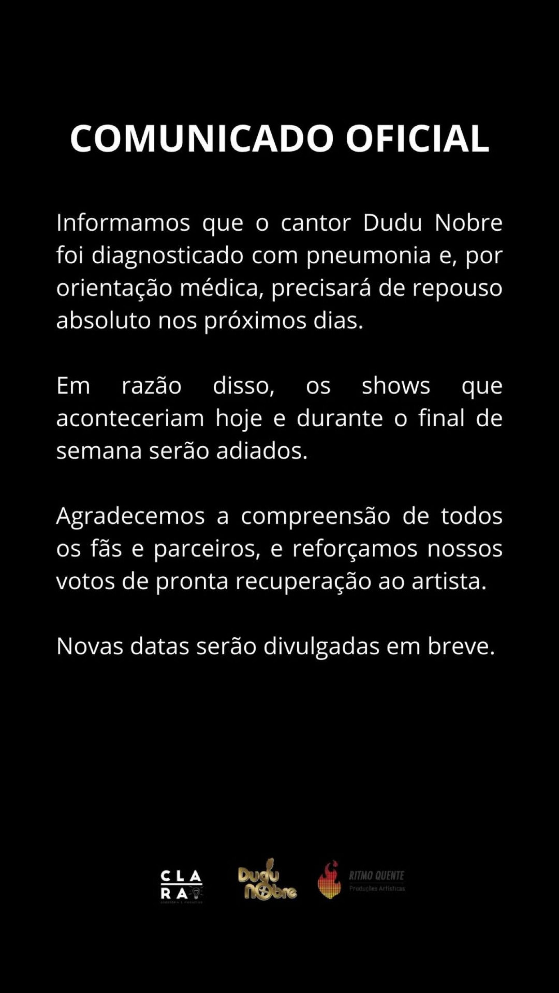 Comunicado publicado nas redes sociais de Dudu Nobre - Reprodução/Instagram 