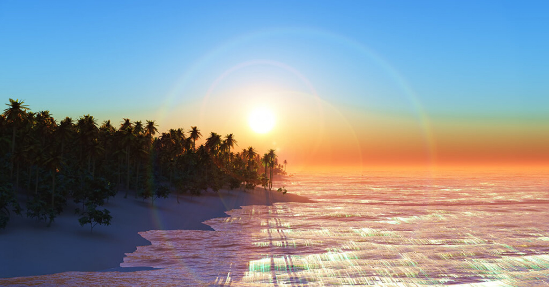 3D render of a palm tree island at sunset in widescreen