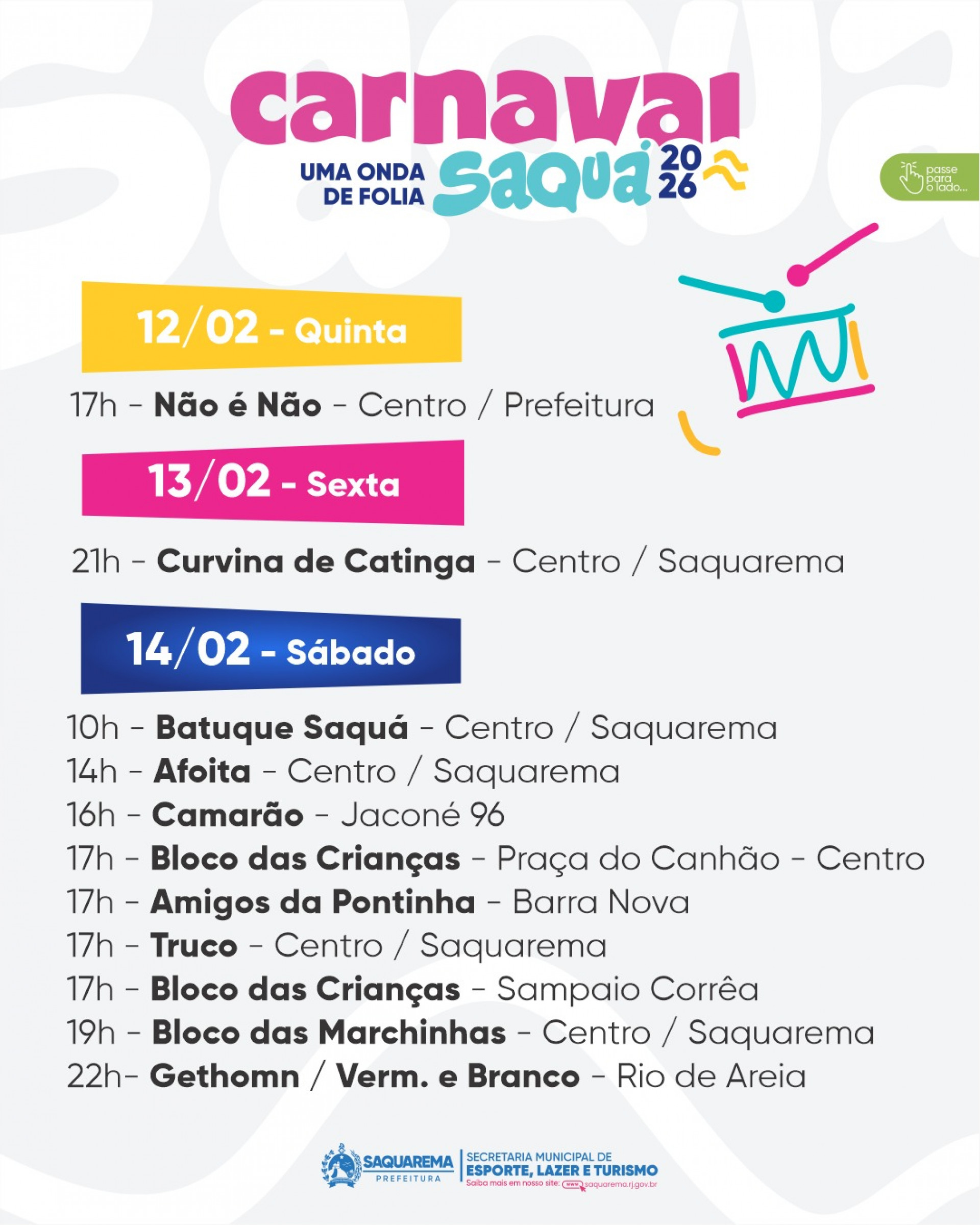Programação do Carnaval 2026 em Saquarema - Divulgação/Prefeitura de Saquarema