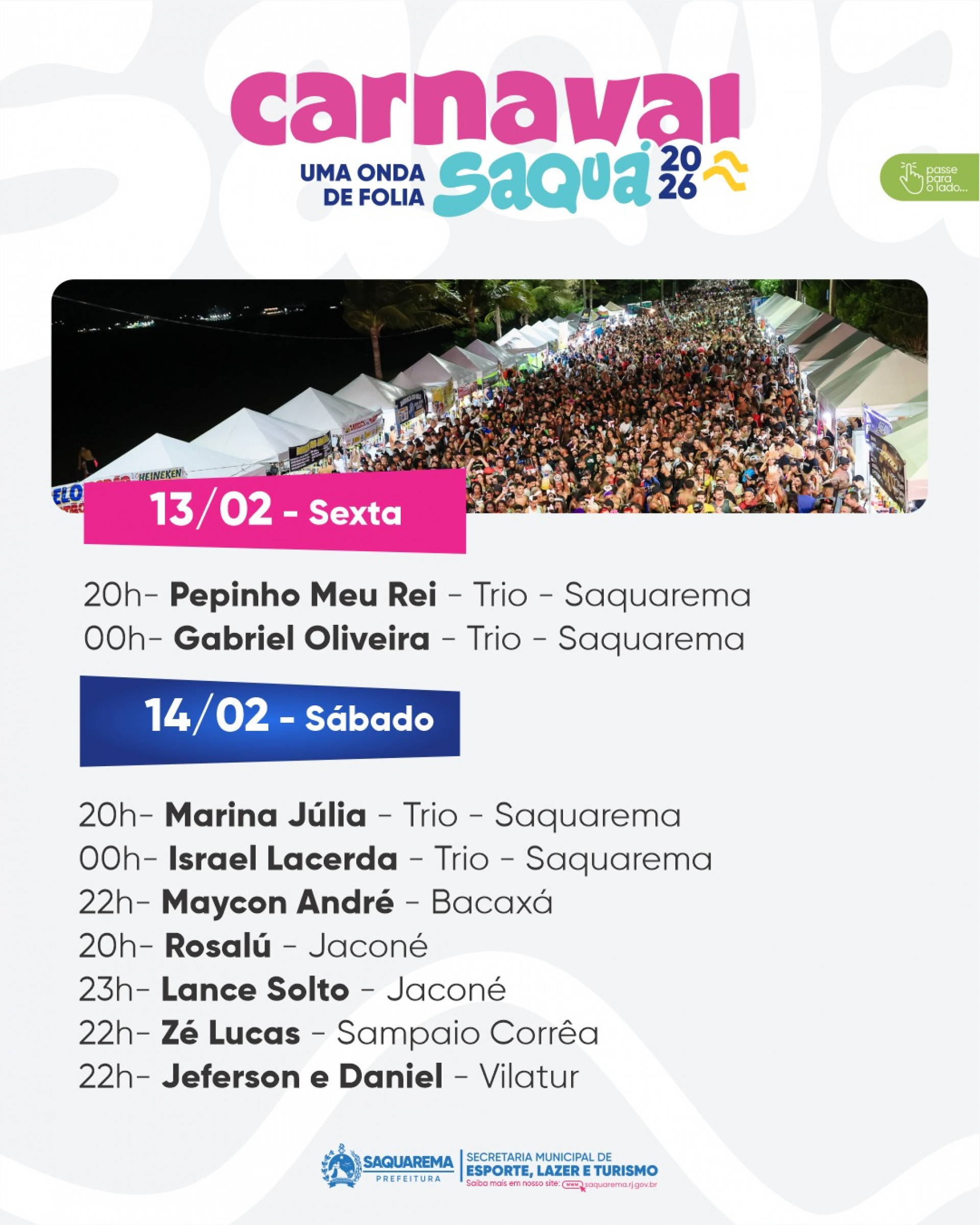 Programação do Carnaval 2026 em Saquarema - Divulgação/Prefeitura de Saquarema