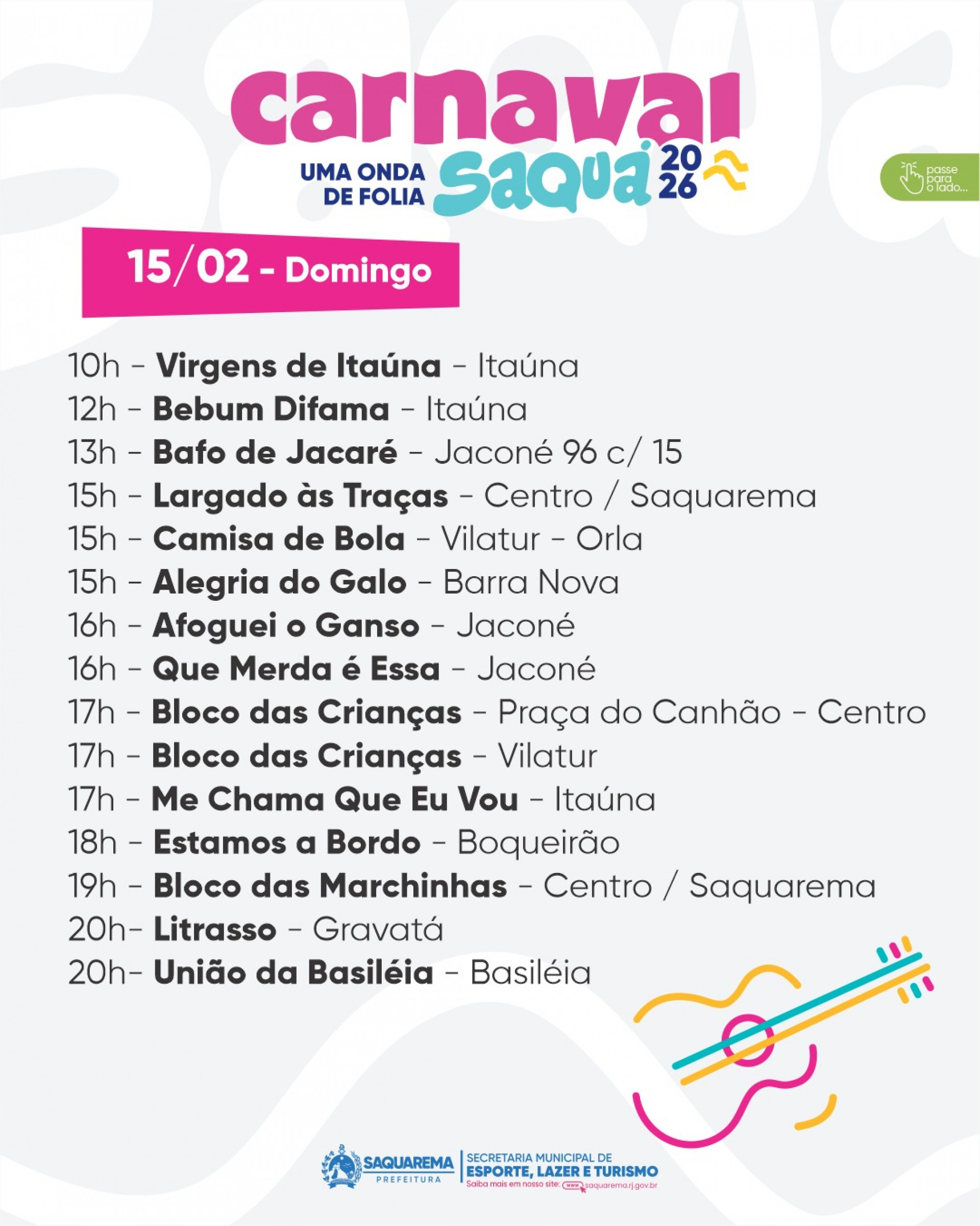 Programação do Carnaval 2026 em Saquarema - Divulgação/Prefeitura de Saquarema