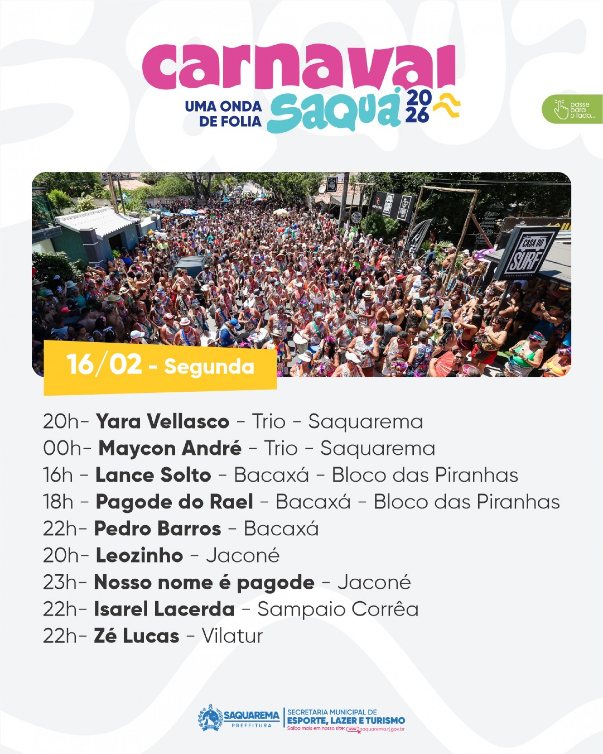 Programação do Carnaval 2026 em Saquarema - Divulgação/Prefeitura de Saquarema