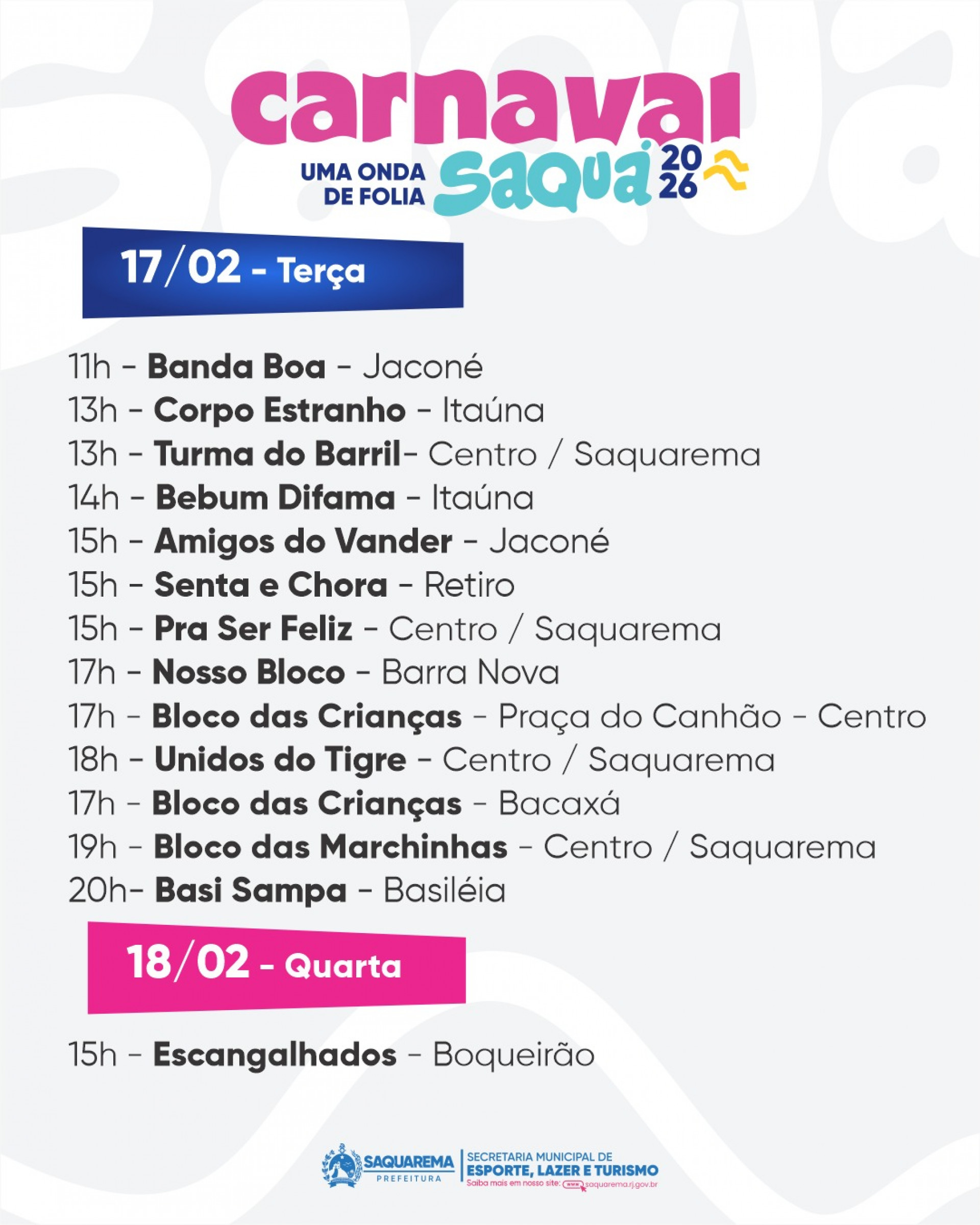 Programação do Carnaval 2026 em Saquarema - Divulgação/Prefeitura de Saquarema