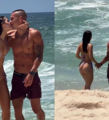 Mel Maia curte dia de praia no Rio com namorado boxeador