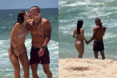 Mel Maia curte dia de praia e troca beijos com namorado