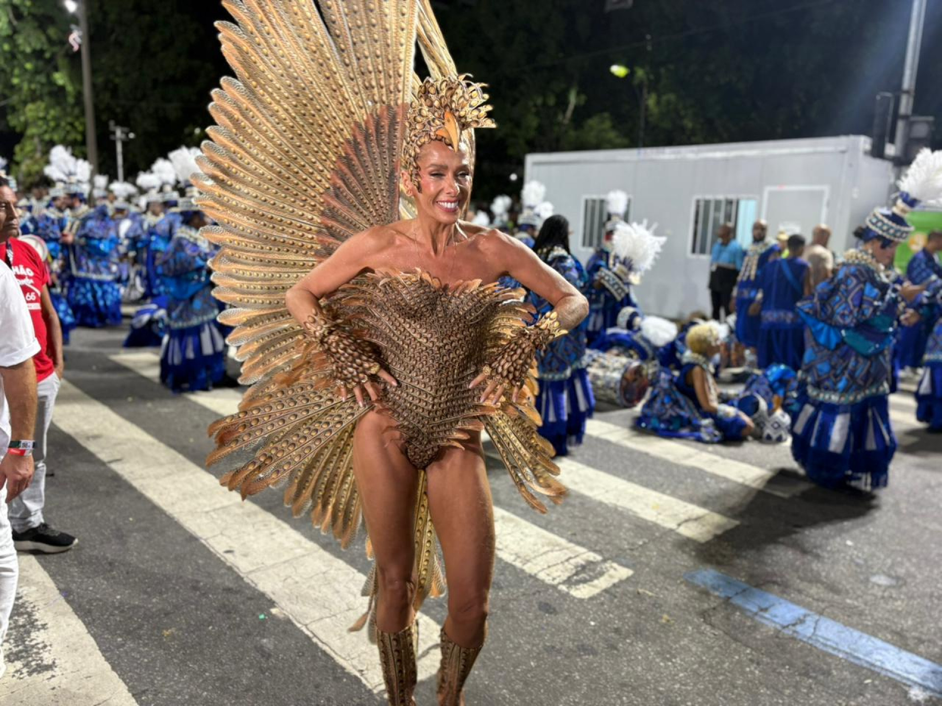 Vestida de Falcão Lanário, Adriane Galisteu contou que ficou muito feliz ao descobrir que representaria a ave - Manuella Viégas/ Agência O Dia