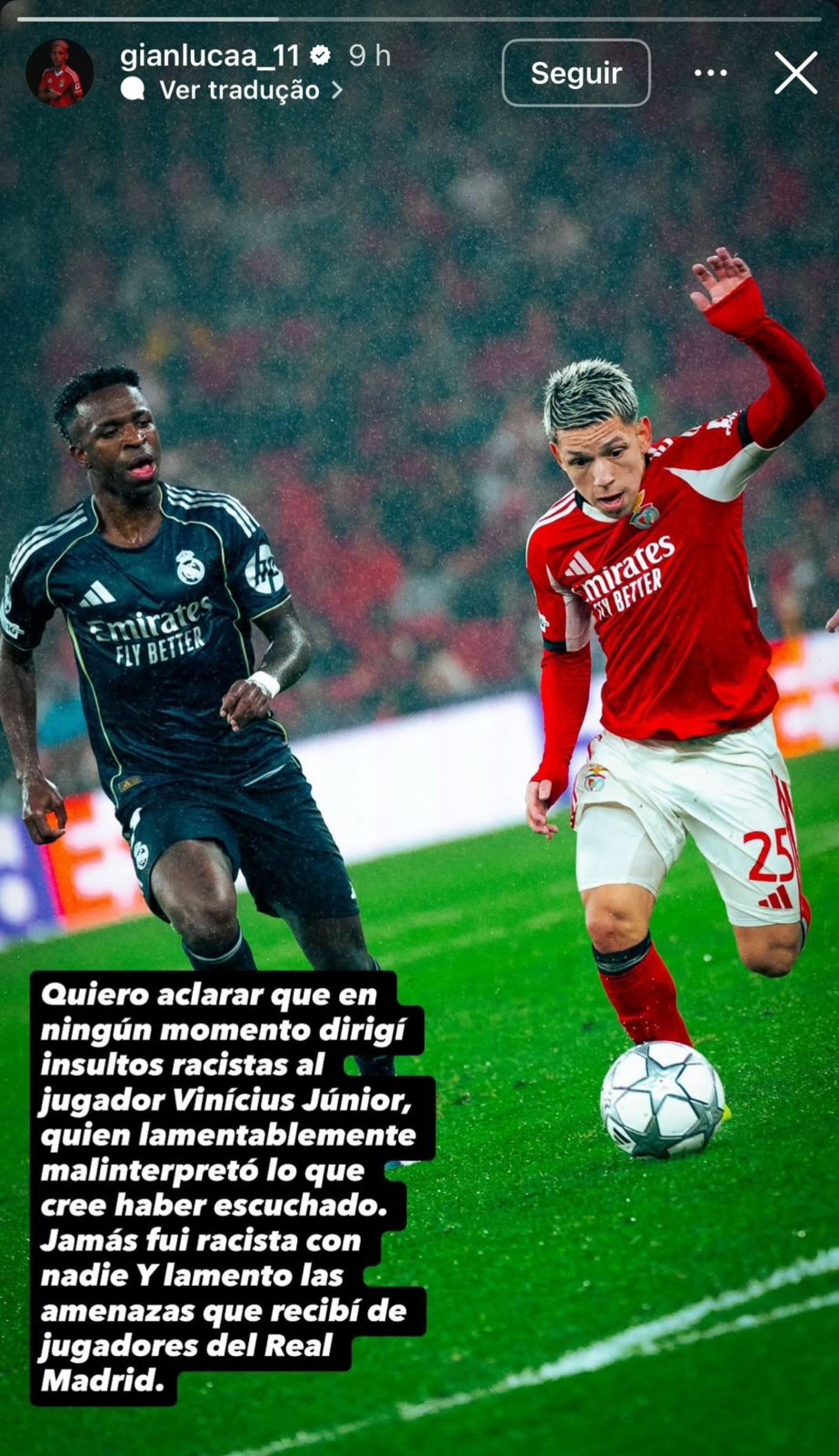 Publica&ccedil;&atilde;o de Gianluca Prestianni no story do Instagram - Reprodu&ccedil;&atilde;o/Instagram @gianlucaa_11