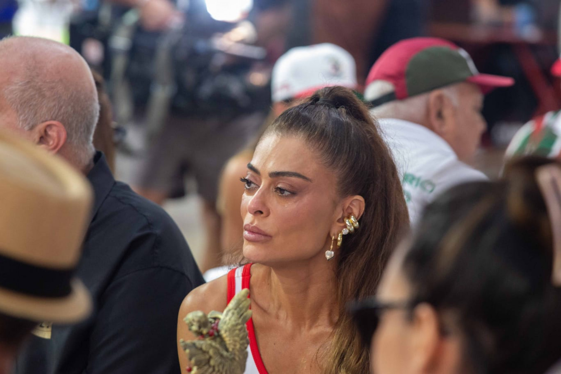 Juliana Paes ficou apreensiva e emocionada durante a apuração das notas do Grupo Especial - Érica Martin / Agência O Dia