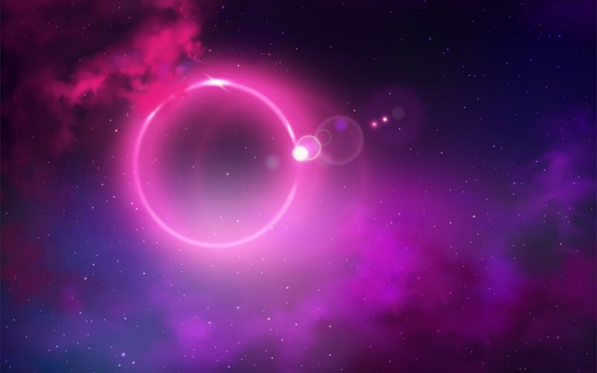 Black hole event horizon outer space view realistic vector abstract background. Light anomaly or eclipse, glowing fluorescent light ring with violet halo in starry night sky with clouds illustration