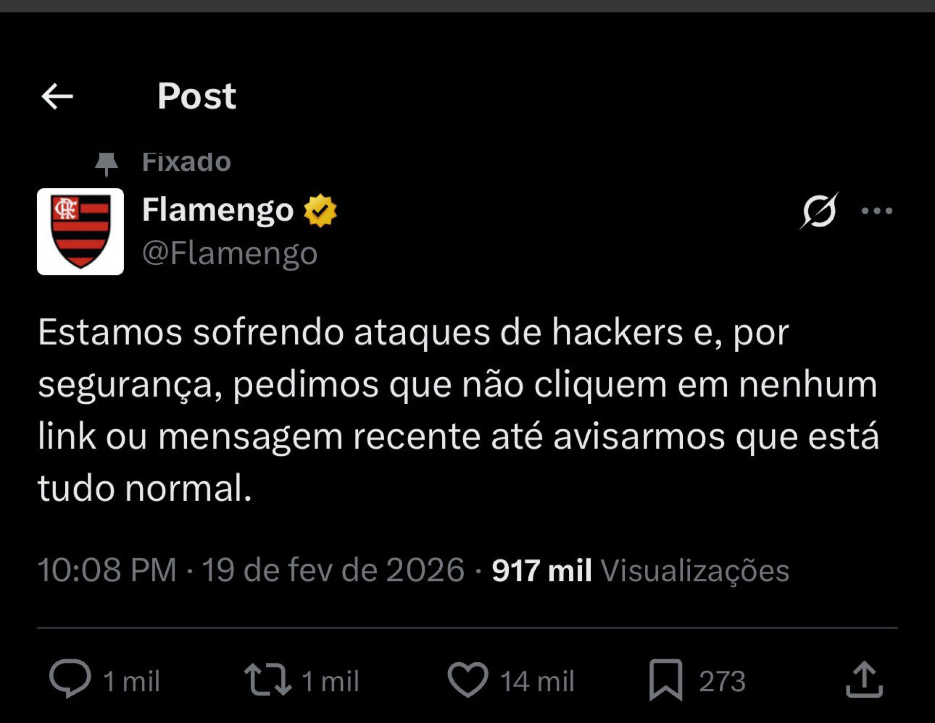 Flamengo se manifesta sobre invasão hacker
 - Reprodução / X