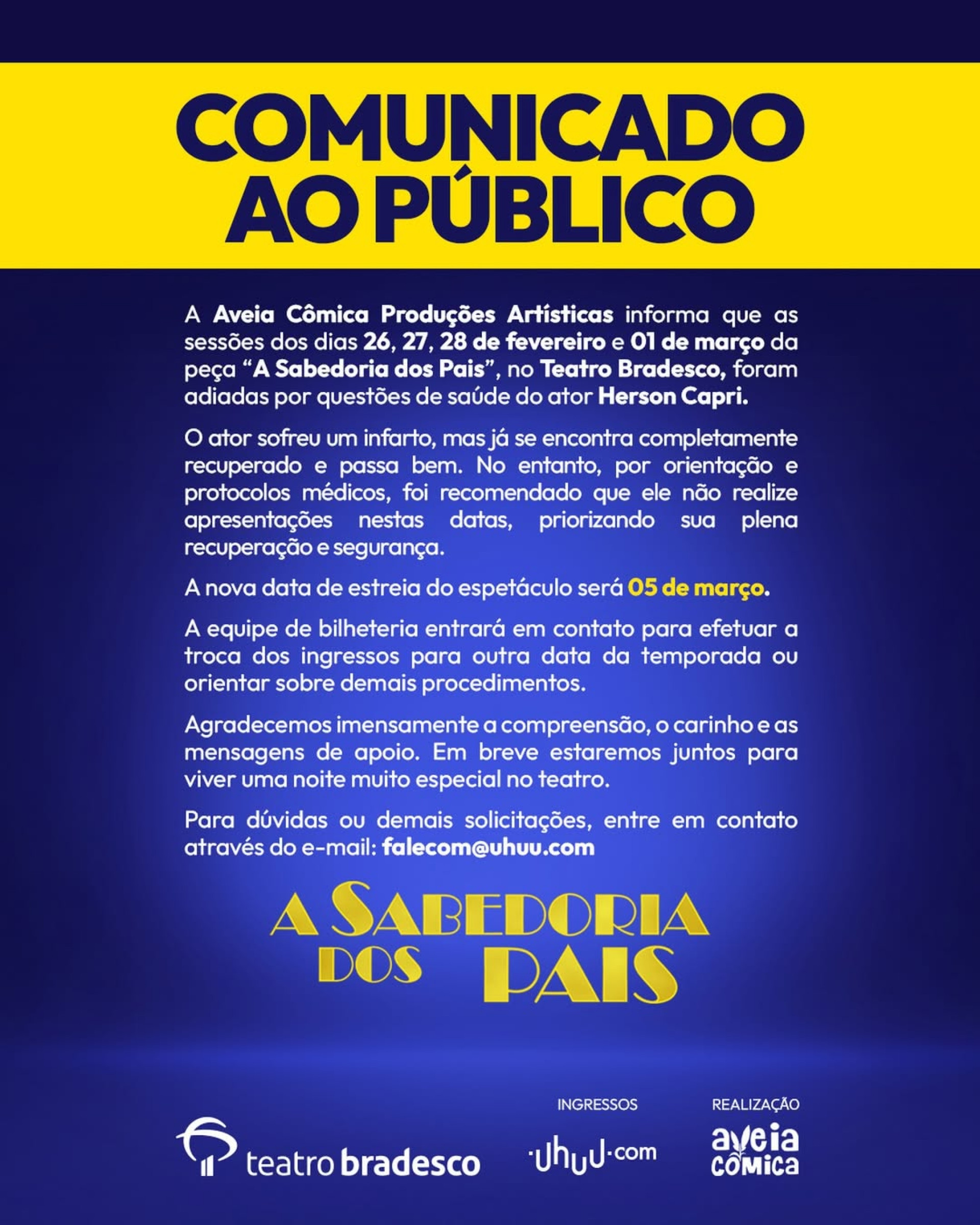 Perfil do espetáculo informou sobre estado de saúde de Herson Capri - Reprodução/Instagram