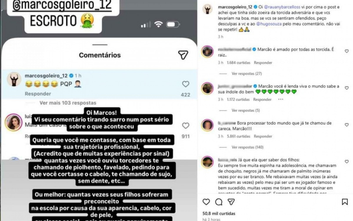 Marcos pede desculpas a Hugo Souza ap&oacute;s coment&aacute;rio em postagem sobre caso de racismo