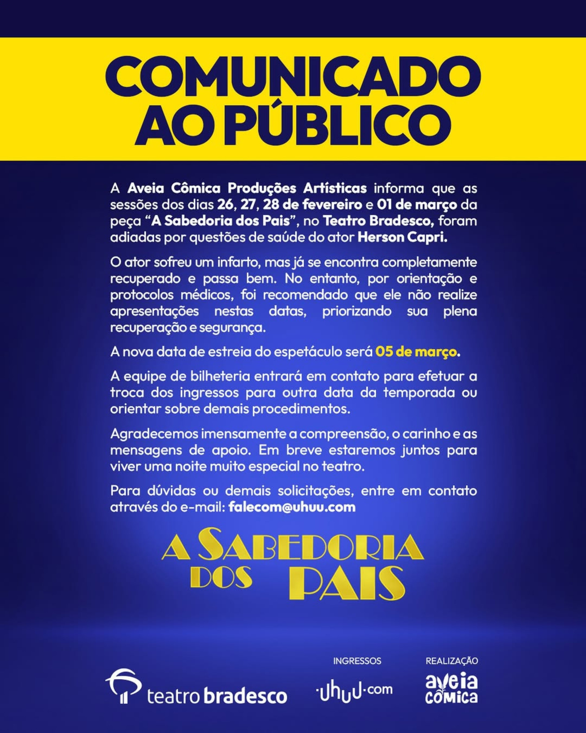 Equipe do espetáculo informou sobre estado de saúde de Herson Capri  - Reprodução/Instagram