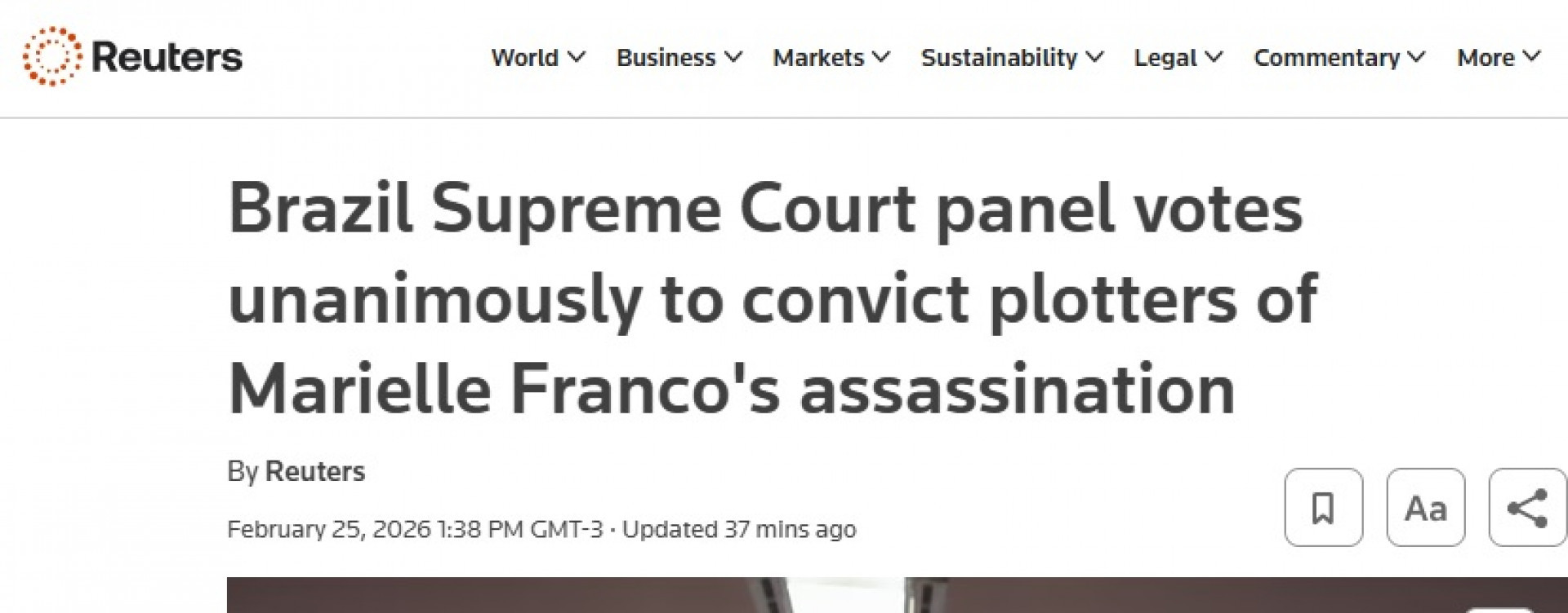 Reuters repercutiu condenação no caso Marielle Franco - Reprodução