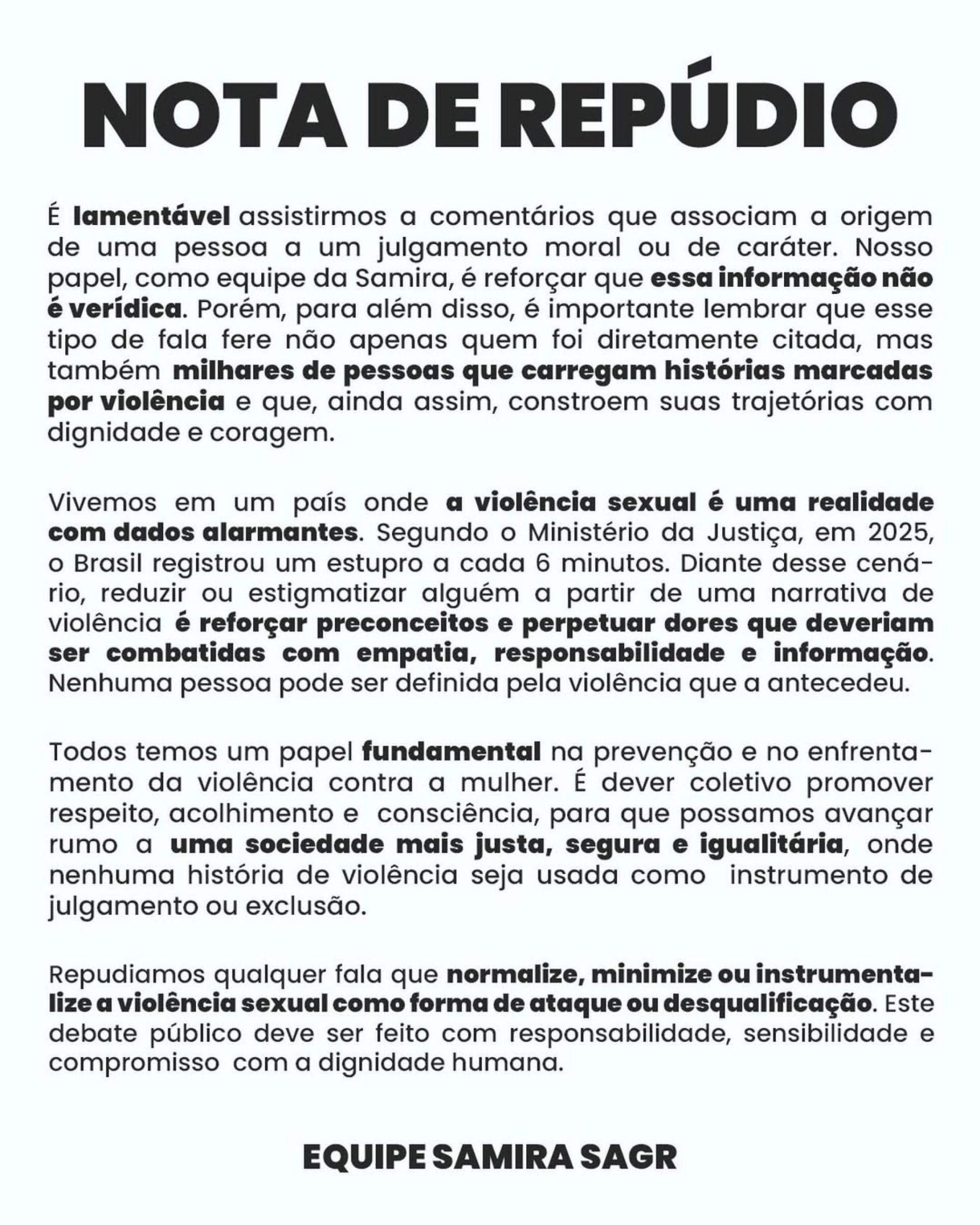 Nota de repúdio divulgada pela equipe de Samira  - Reprodução/Instagram 