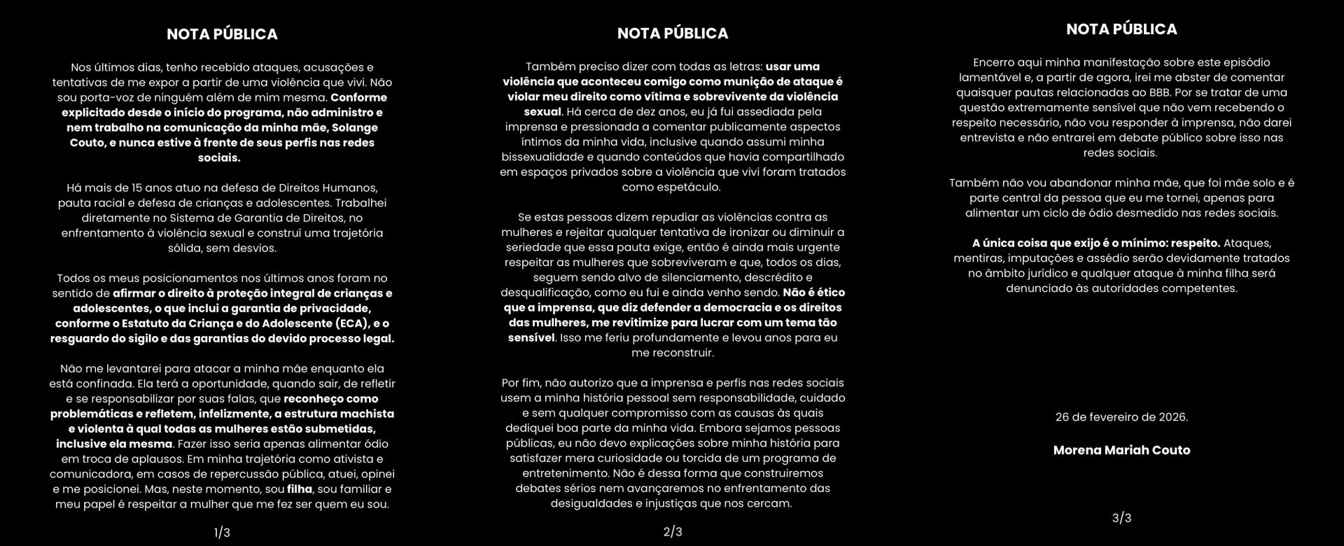 Morena Mariah se manifestou sobre fala da mãe no 'BBB 26' - Reprodução/Instagram 