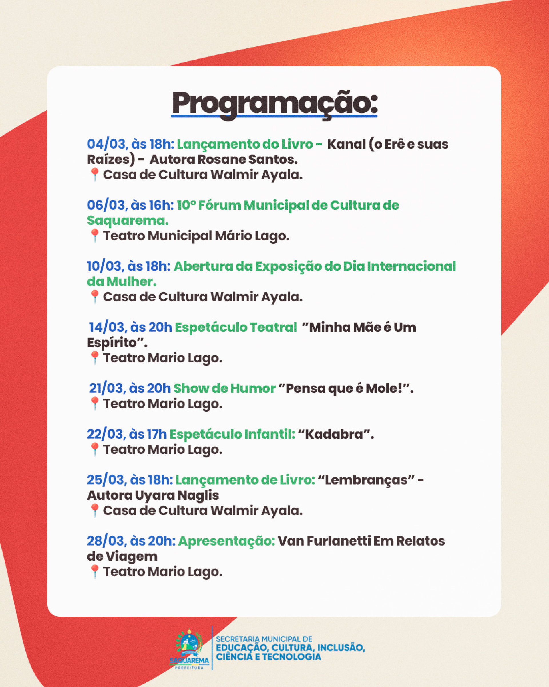 Confira a programação cultural do mês de março da cidade de Saquarema - Divulgação/Prefeitura de Saquarema