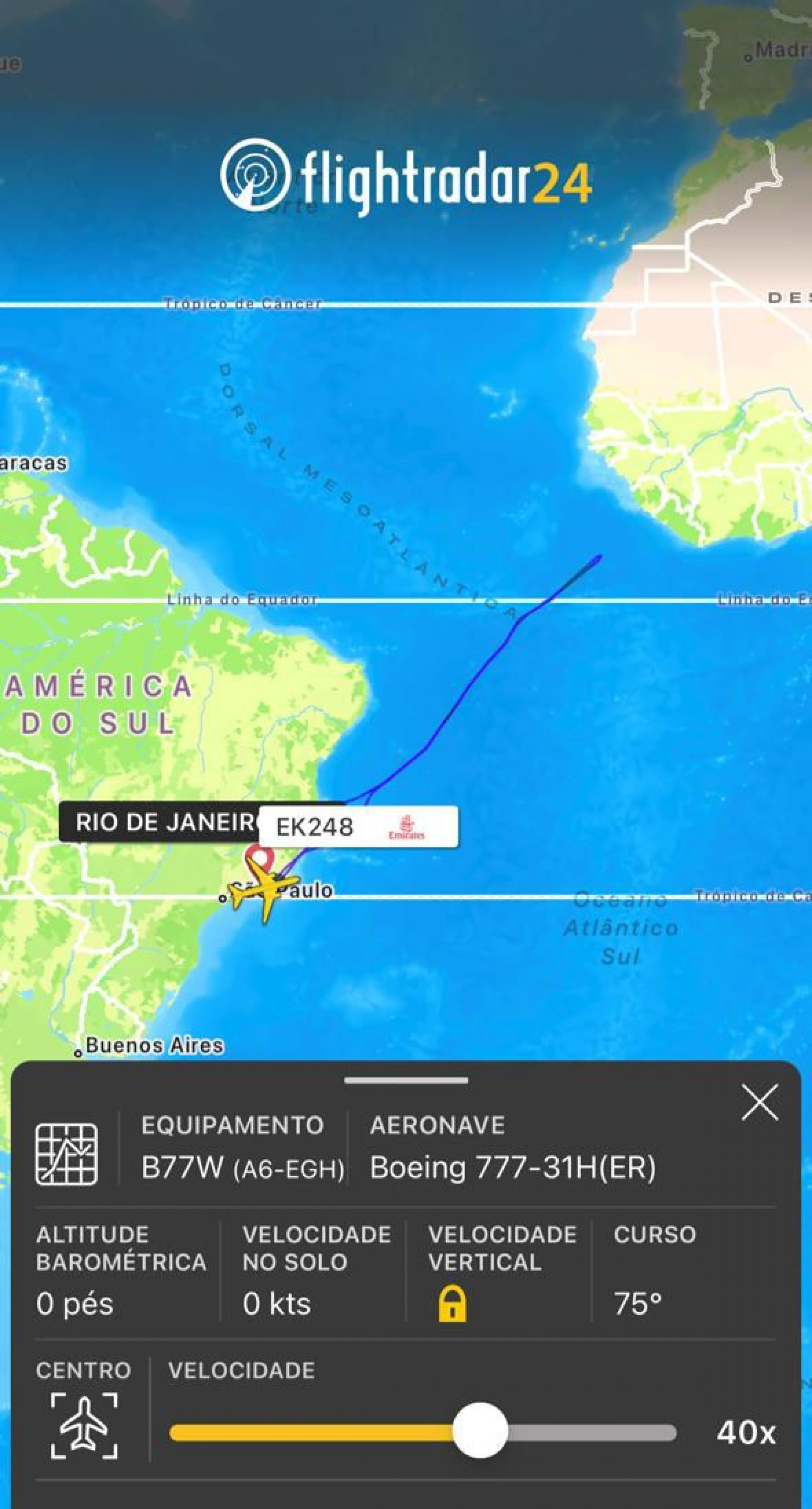 Voo Rio-Dubai EK 248 retorna para o Gale&atilde;o - Reprodu&ccedil;&atilde;o/ Radar Flight