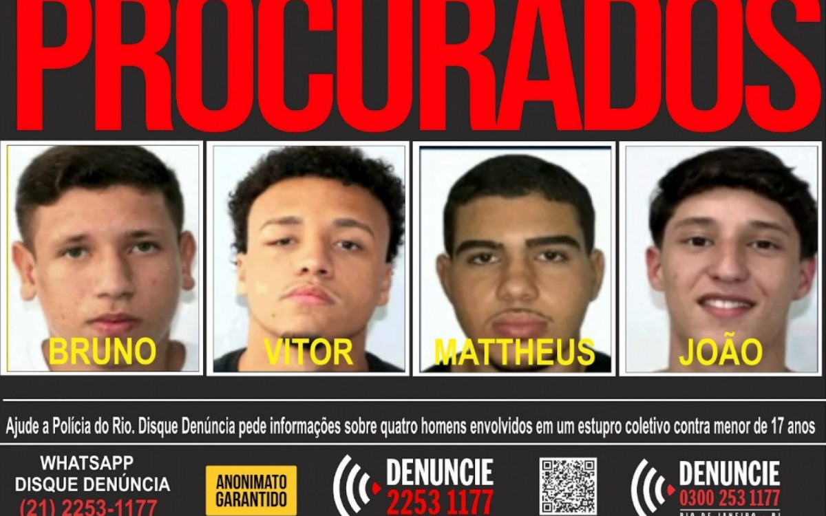 Portal Disque Denúncia divulgou cartaz pedindo informações que ajudem na prisão dos quatro homens envolvidos no estupro coletivo