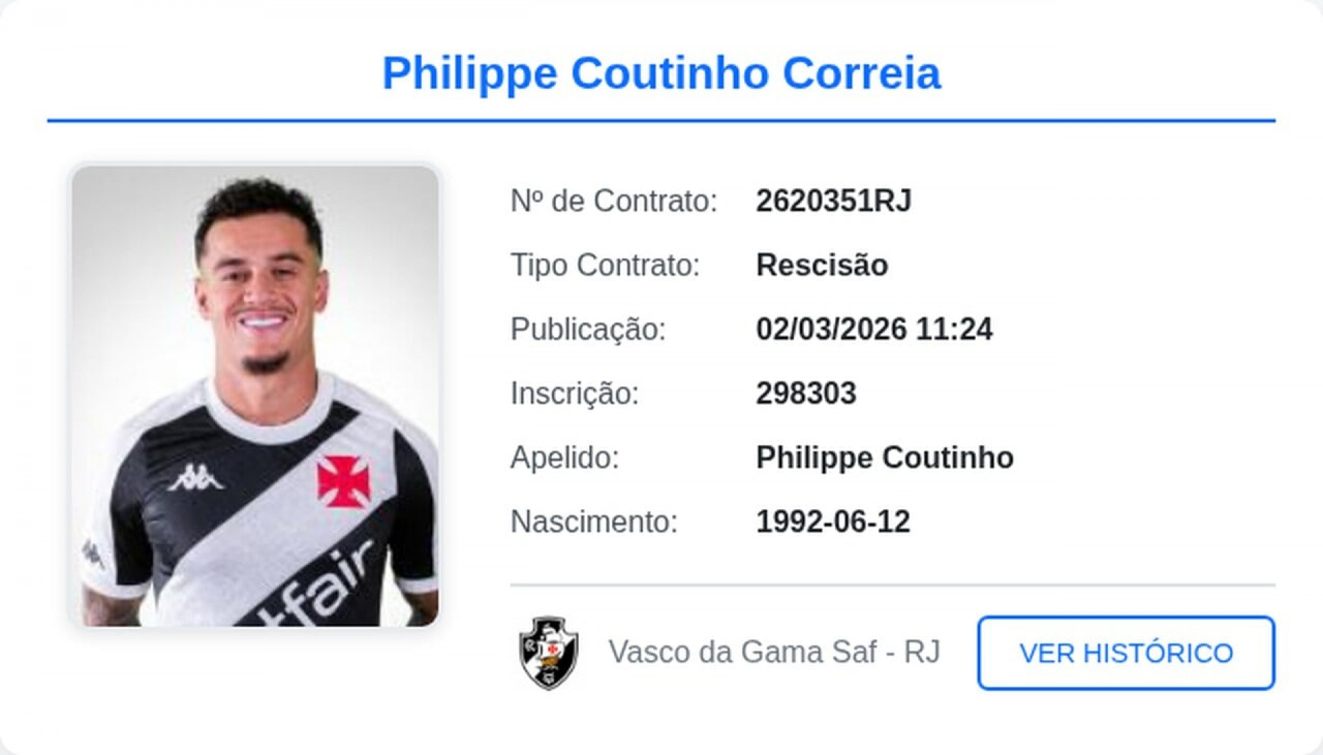 Vasco d&aacute; ultimo passo em rescis&atilde;o de Coutinho com publica&ccedil;&atilde;o no BID