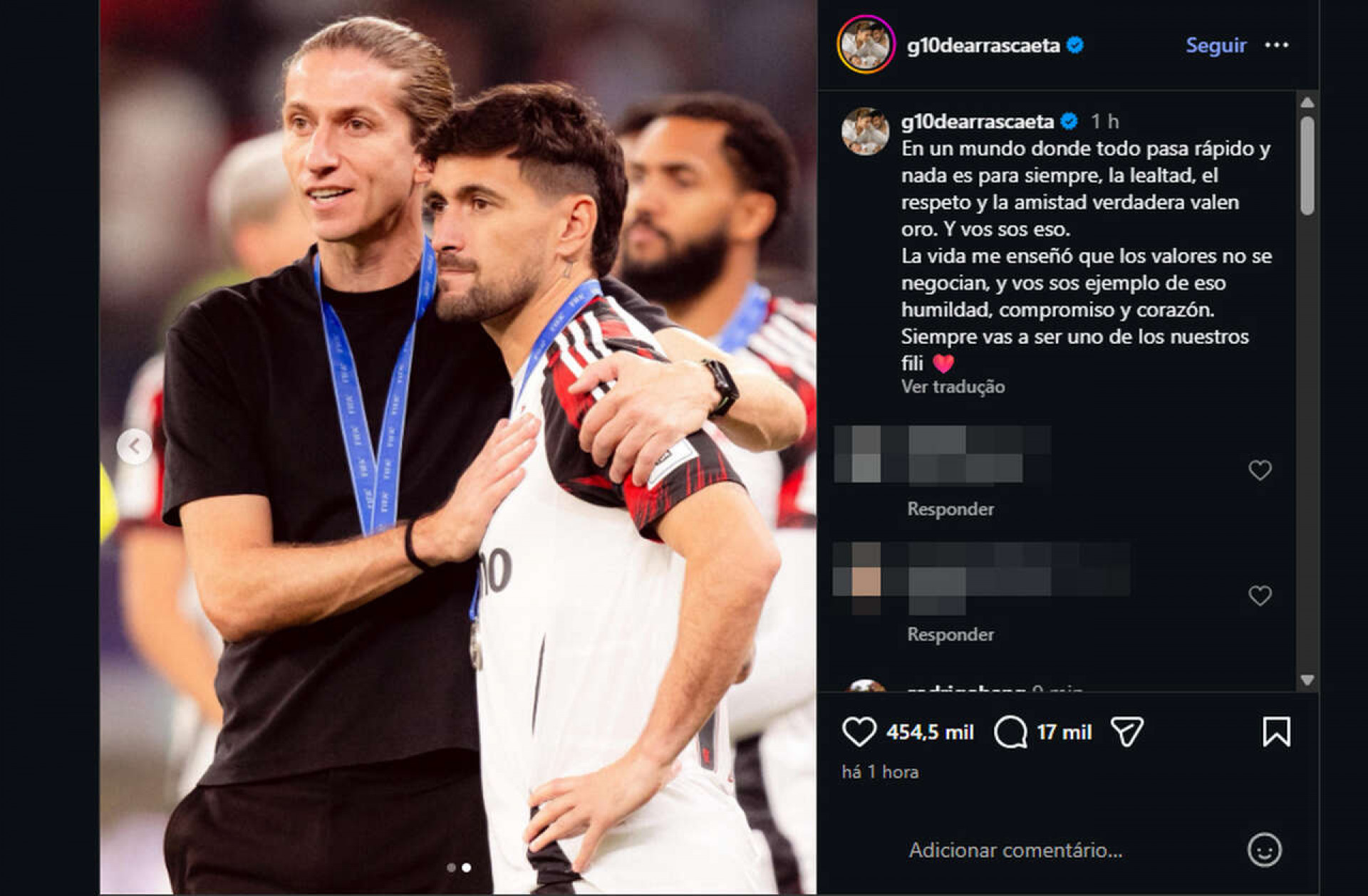Arrascaeta “puxa” homenagens de jogadores do Flamengo a Filipe Lu&iacute;s; veja posts