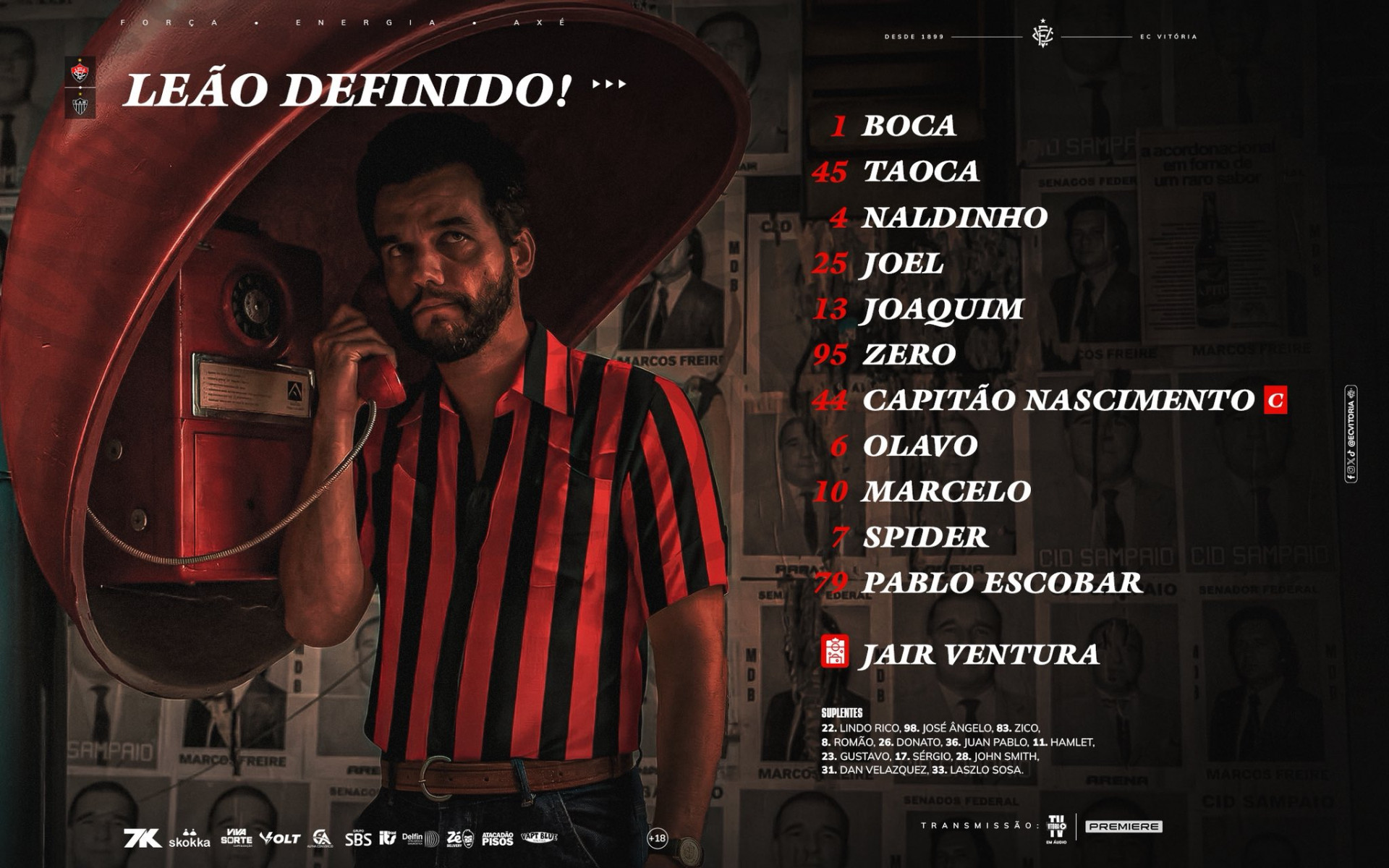 Arte da escalação do Vitória para jogo contra Atlético-MG também homenageou Wagner Moura - Reprodução / X