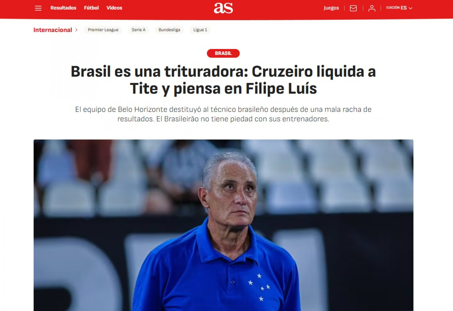 O jornal espanhol 'AS' repercutiu a sa&iacute;da de Tite - Reprodu&ccedil;&atilde;o/AS