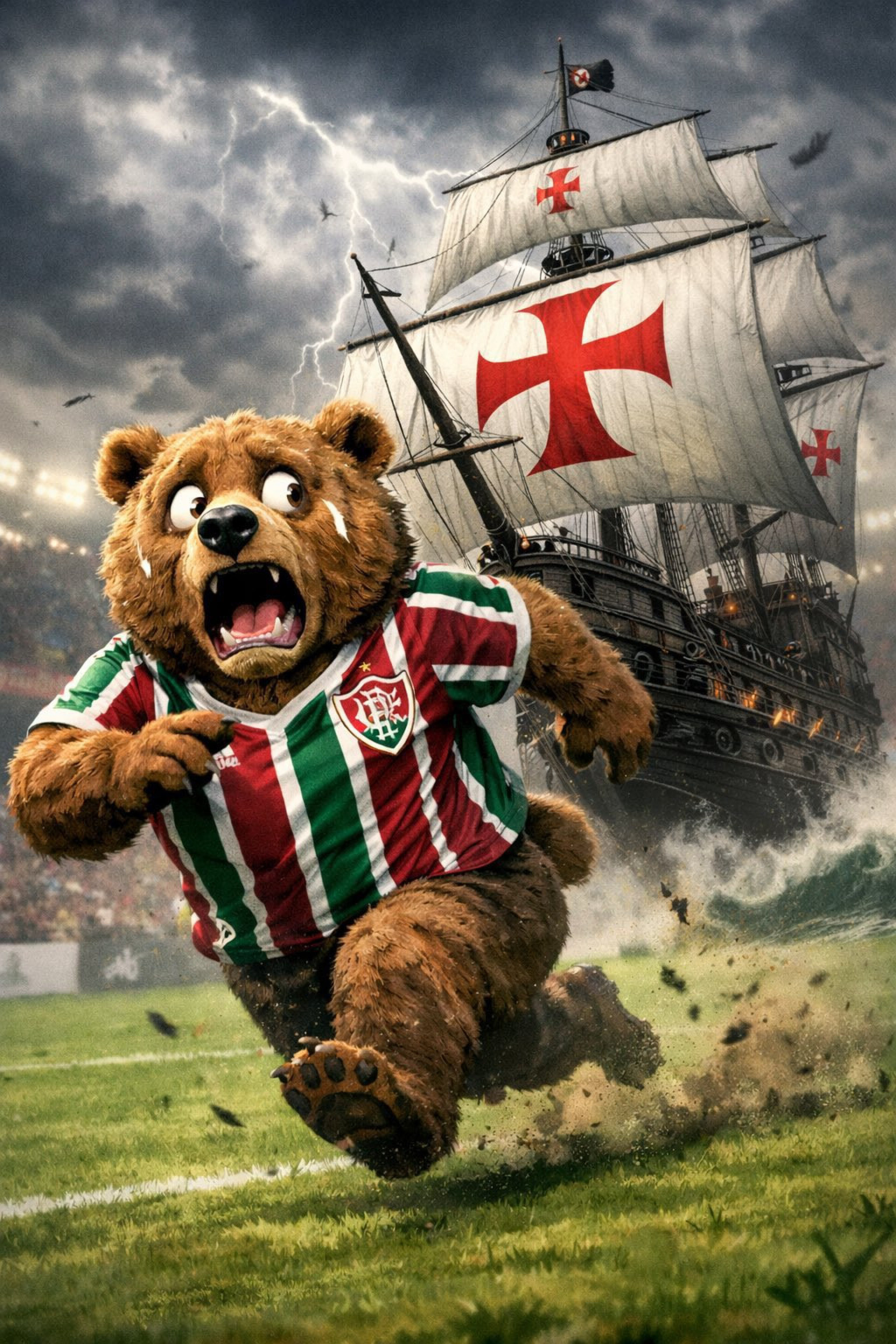 Montagem de uma embarcação perseguindo um urso, animal que John Kennedy imita em suas comemorações - Reprodução / X