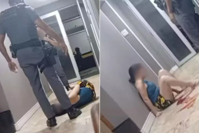 PM é flagrado chutando rosto de mulher que surtou em prédio de SP