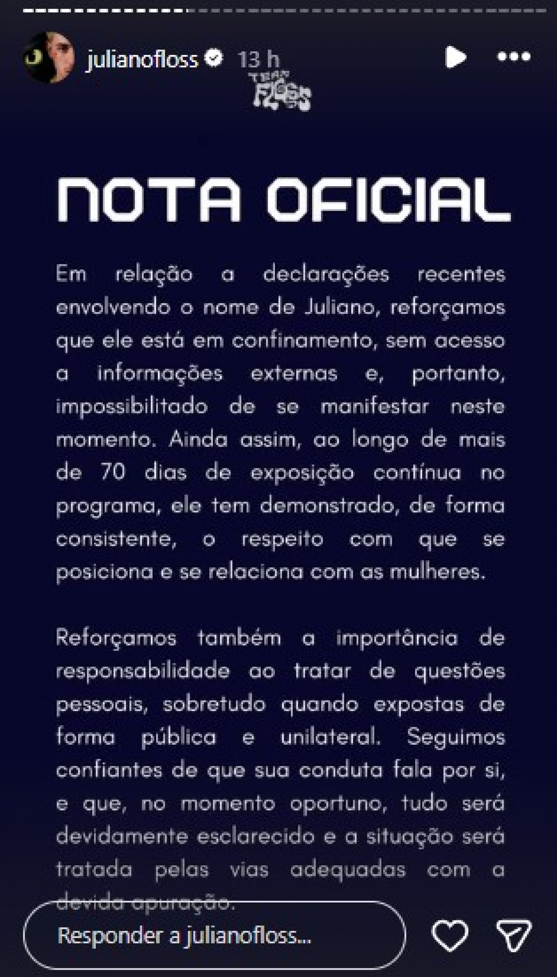 Equipe de Juliano Floss se manifesta sobre acusações - Reprodução / Instagram