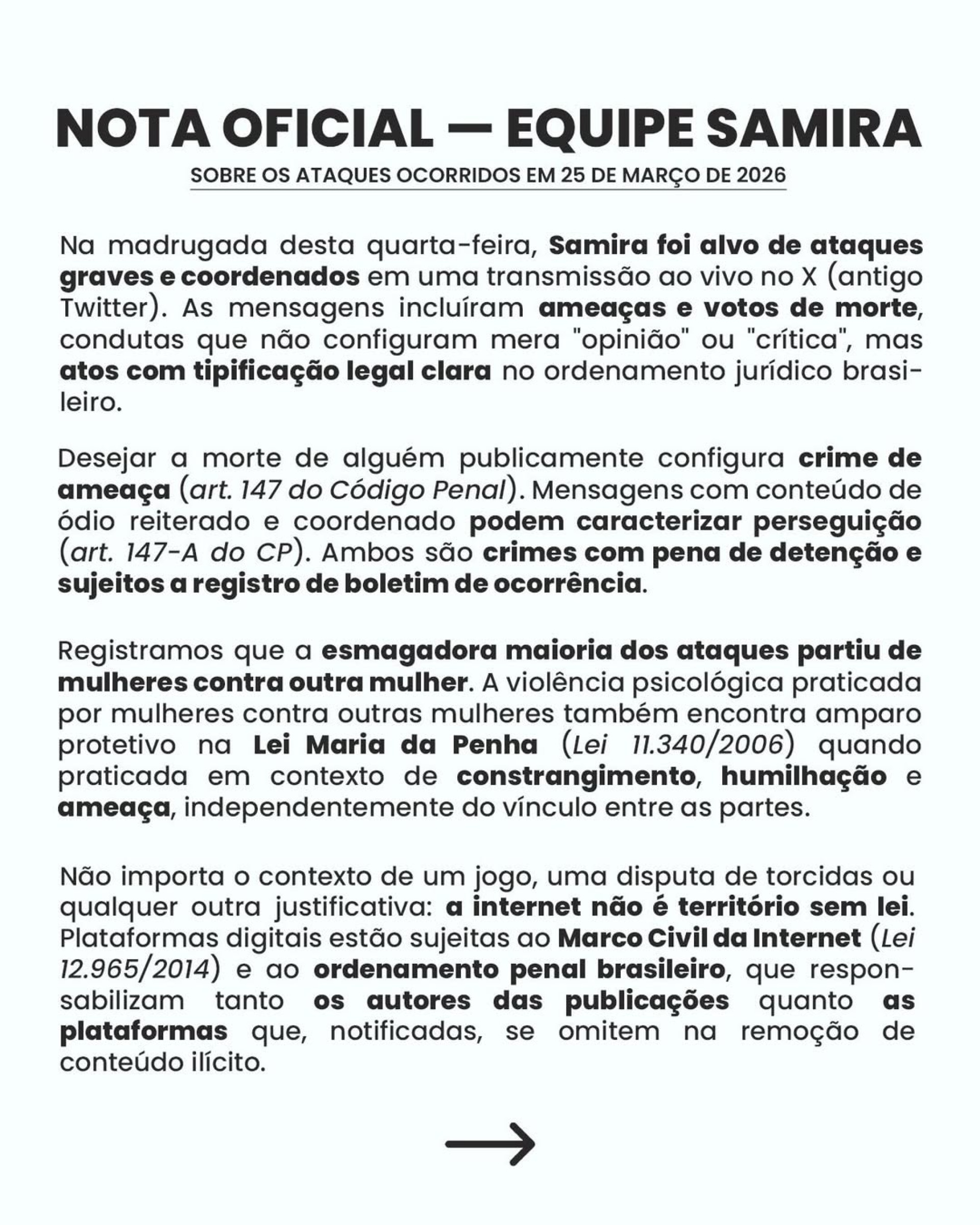 Equipe de Samira denuncia falas com desejo de morte ap&oacute;s live no X - Reprodu&ccedil;&atilde;o Instagram