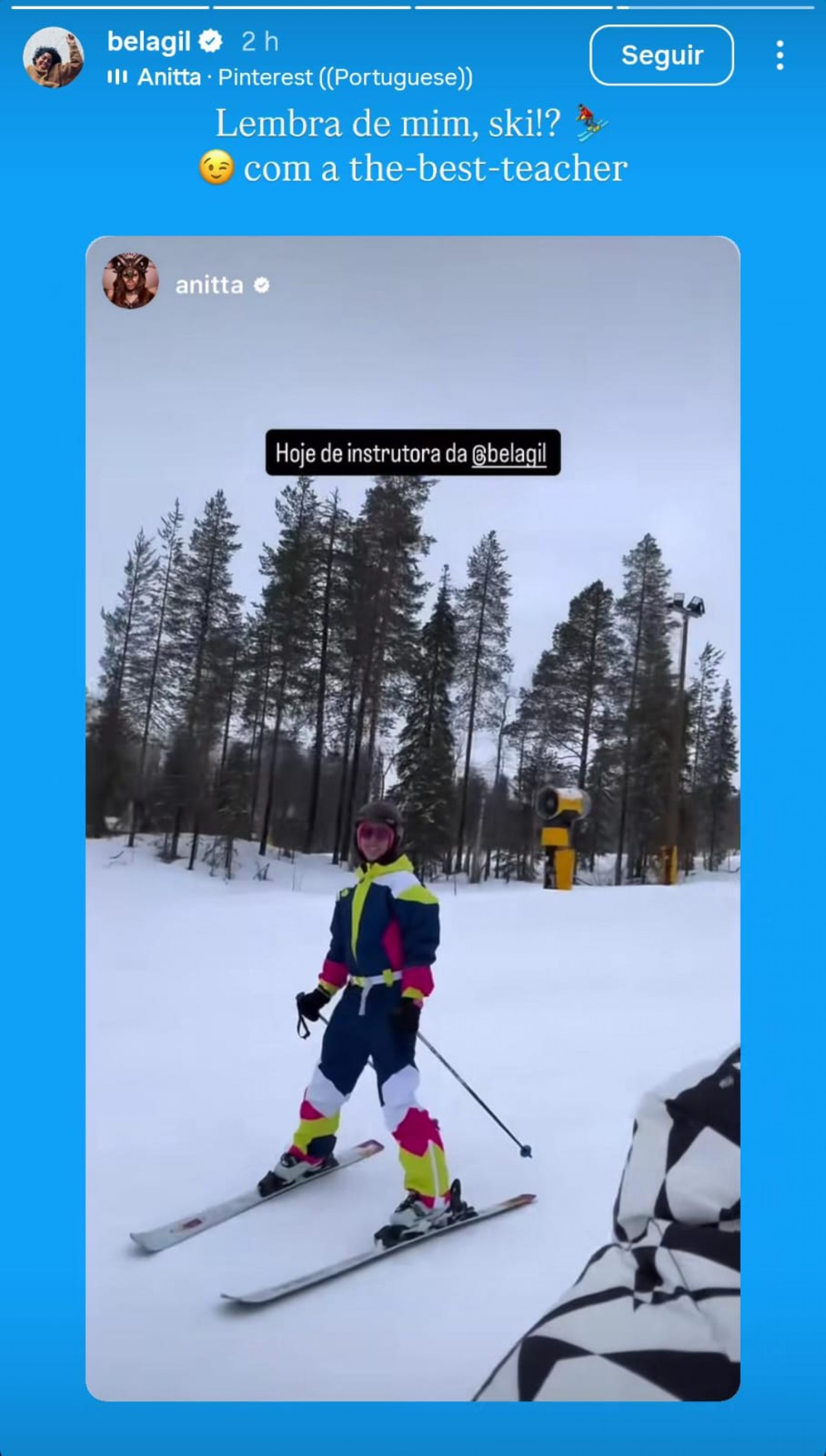 Bela Gil esquia com Anitta: 'Melhor professora' - Reprodução de vídeo / Instagram