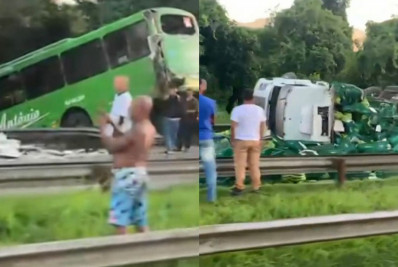 Colisão entre ônibus e caminhão que carregava bananas deixa dois feridos na BR-116