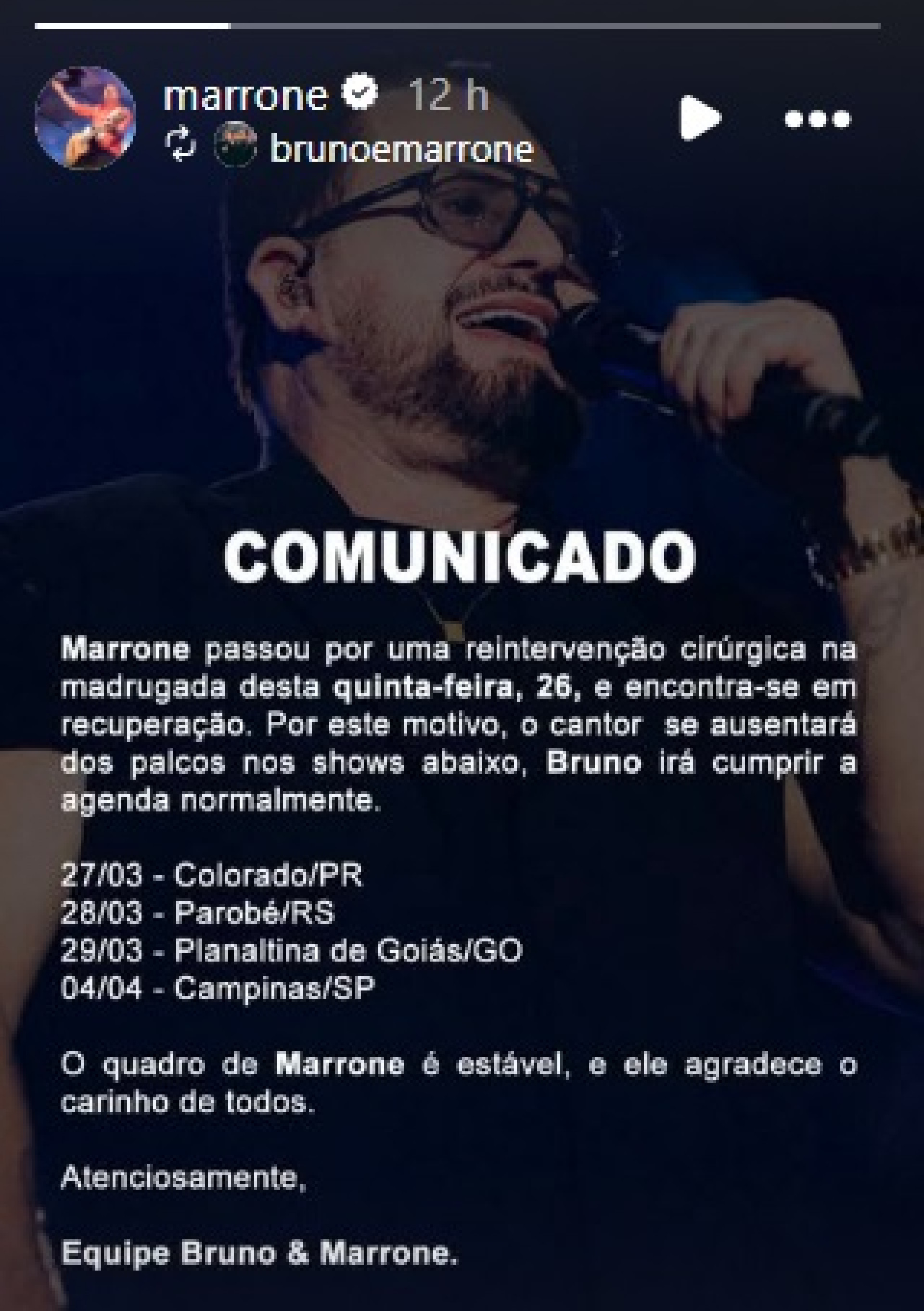 Marrone, da dupla com Bruno, passa por reintervenção cirúrgica  - Reprodução do Instagram