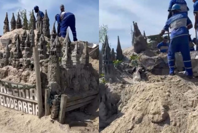 Vídeo: Prefeitura demole castelo de areia, marca registrada da Praia do Pepê