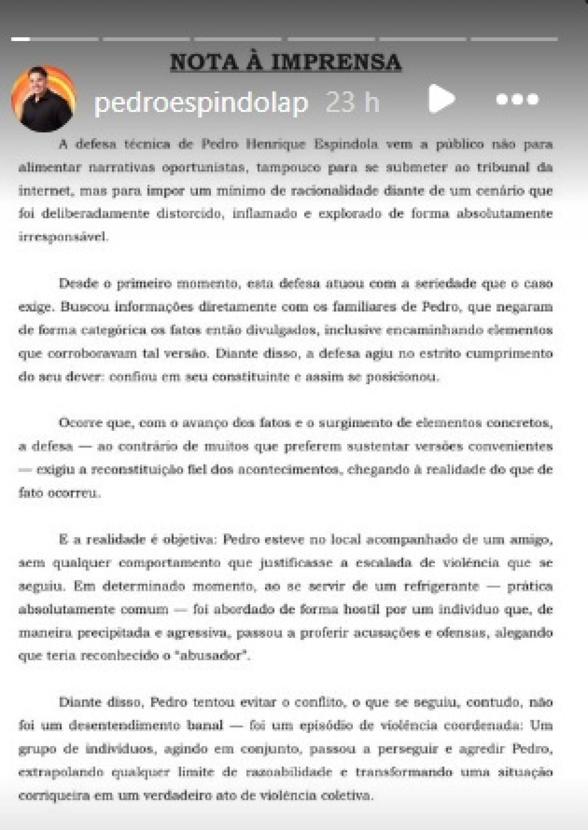 Defesa do ex-BBB Pedro Espindola se manifesta sobre a briga em barbearia  - Reprodução do Instagram