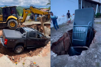 Vídeo: chão cede e caminhonete de padre é 'engolida' por buraco no Ceará