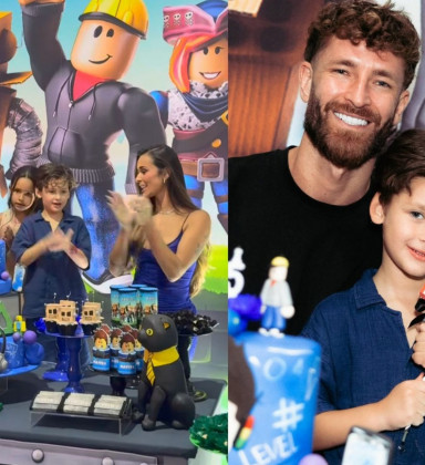 Léo Pereira e Tainá Militão se reencontram em festa do filho