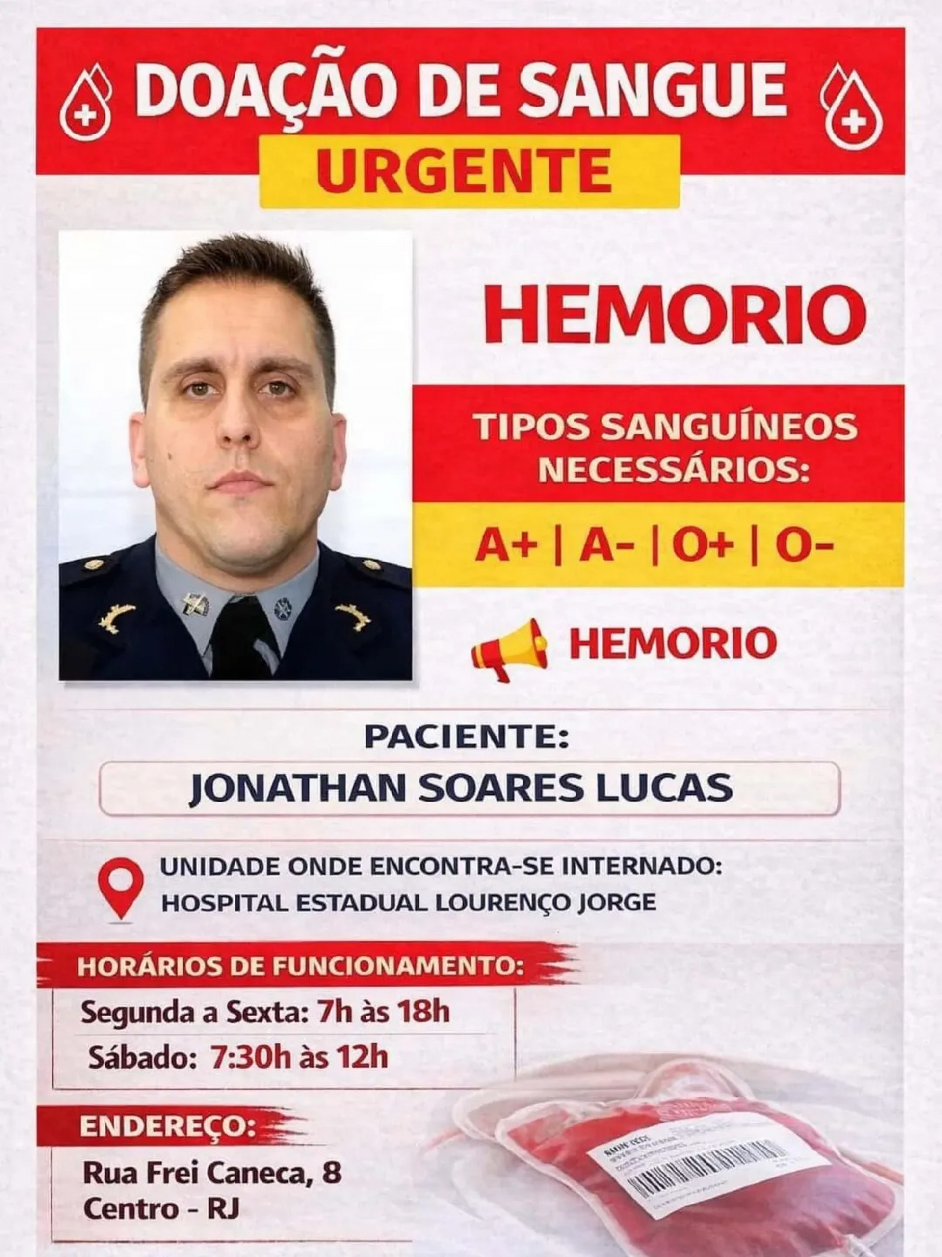 Sargento está em estado grave e precisa de doações  - Reprodução 