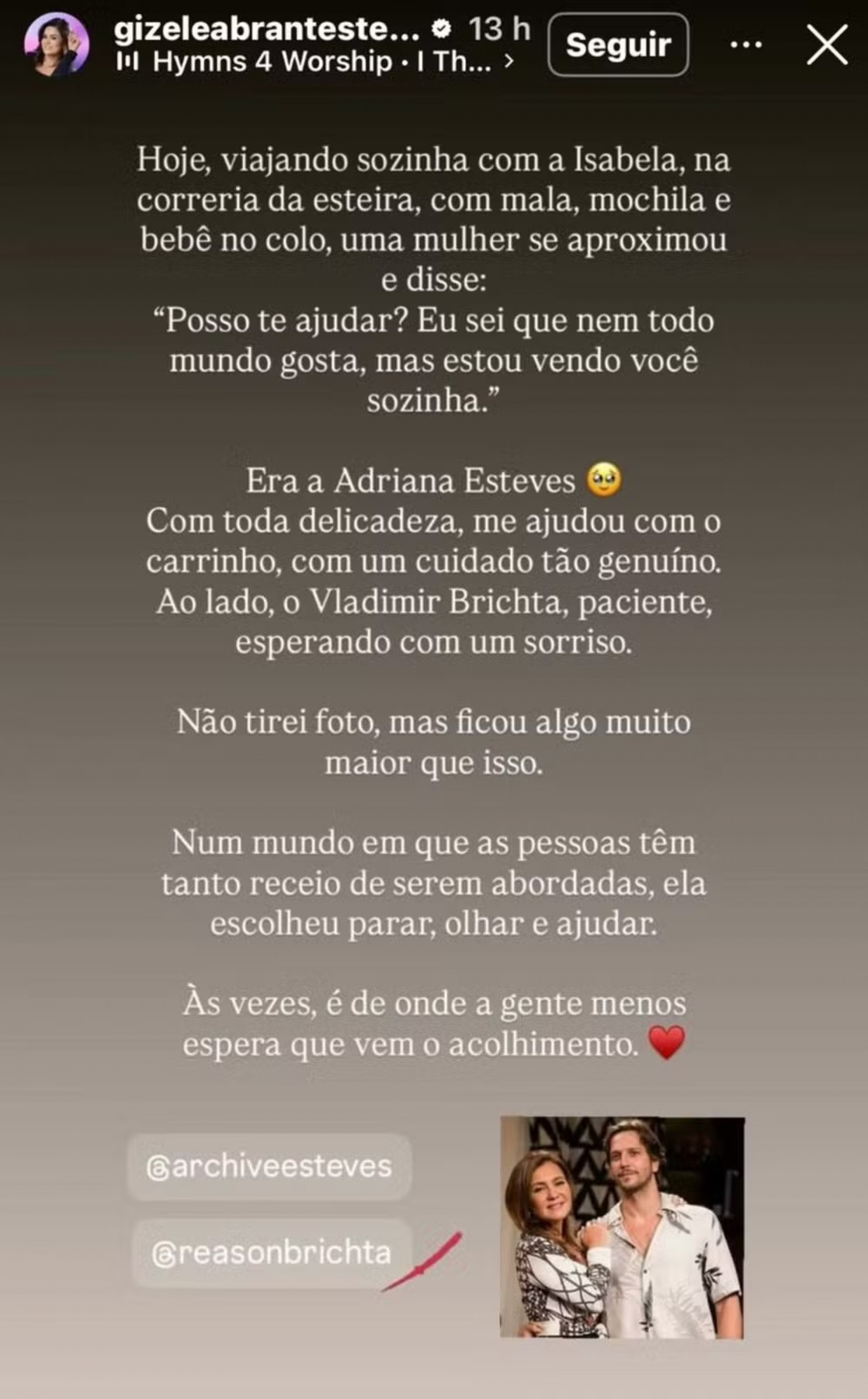 Internauta relata ajuda de Adriana Esteves em aeroporto - Reprodução do Instagram