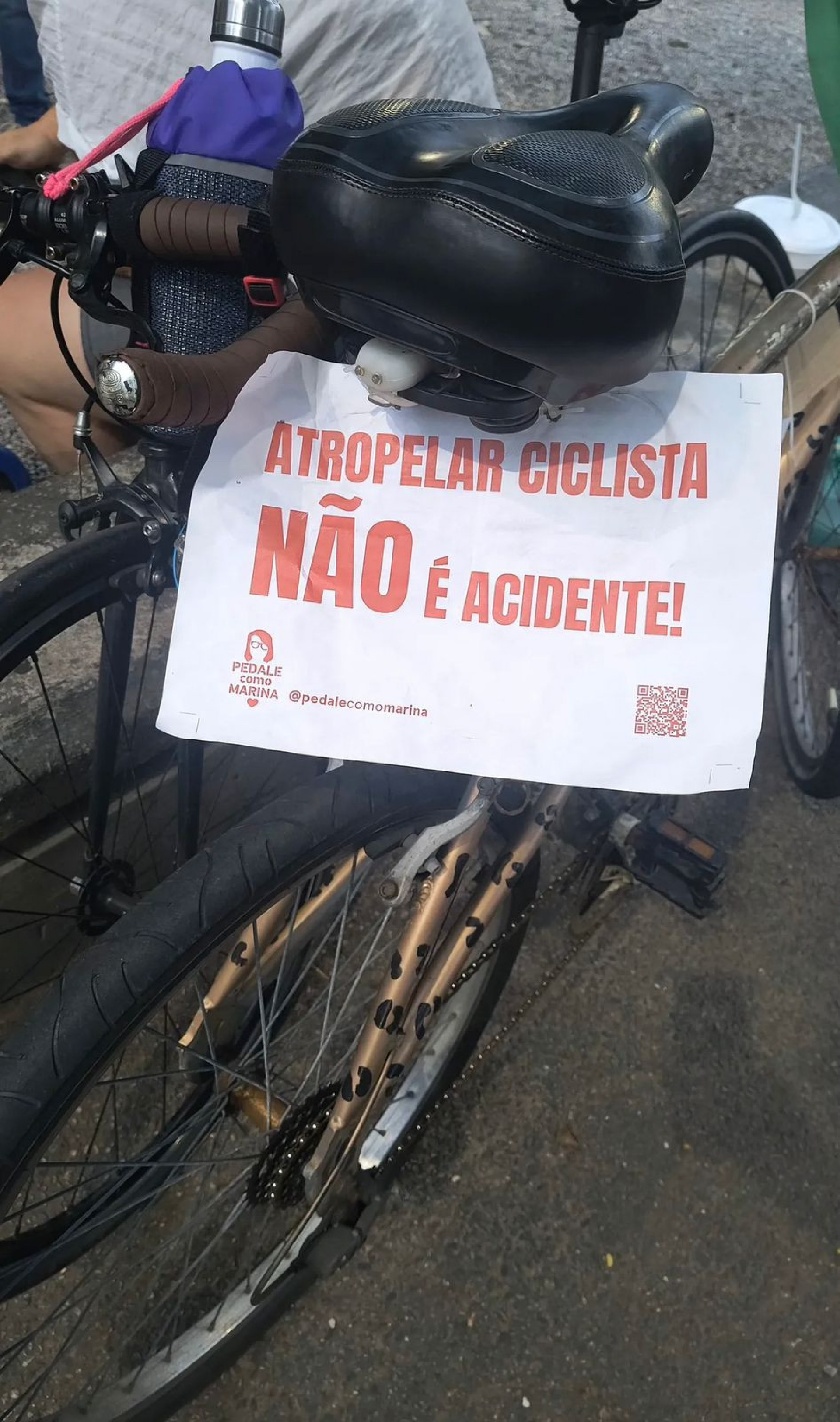 Ciclistas levaram flores, balões brancos e cartazes. Um deles dizia: \'Atropelar ciclista não é acidente\'