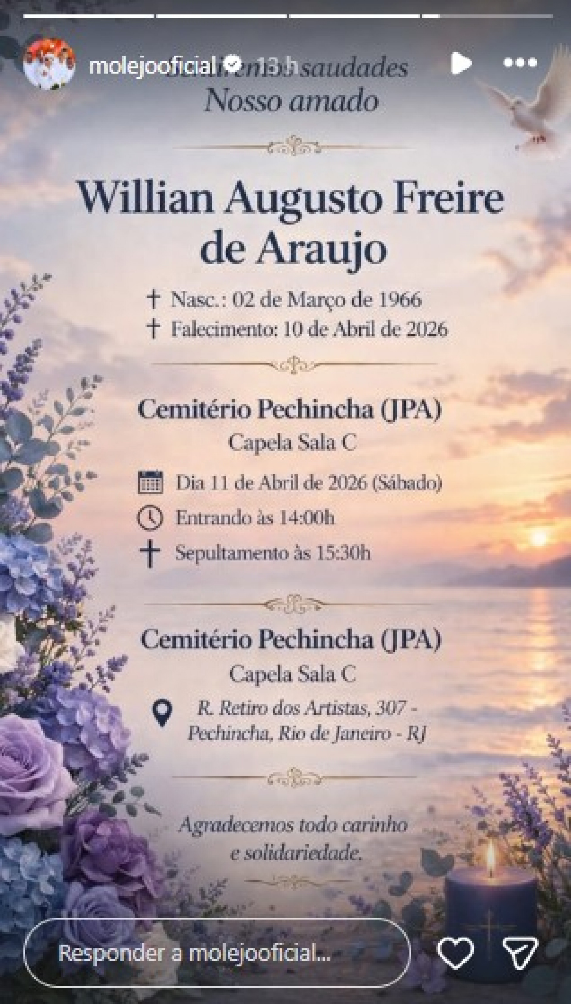 Ex-integrante do grupo Molejo, Willian Araujo será sepultado no Cemitério do Pechincha, Zona Sudoeste do Rio - Reprodução / Instagram