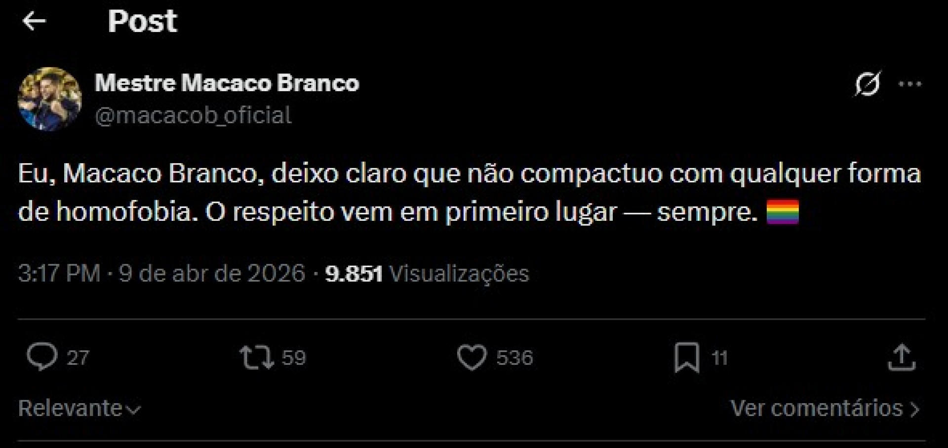 Mestre de bateria da Vila Isabel, Macaco Branco, se pronuncia sobre ritmista desligado por homofobia - Reprodução / X
