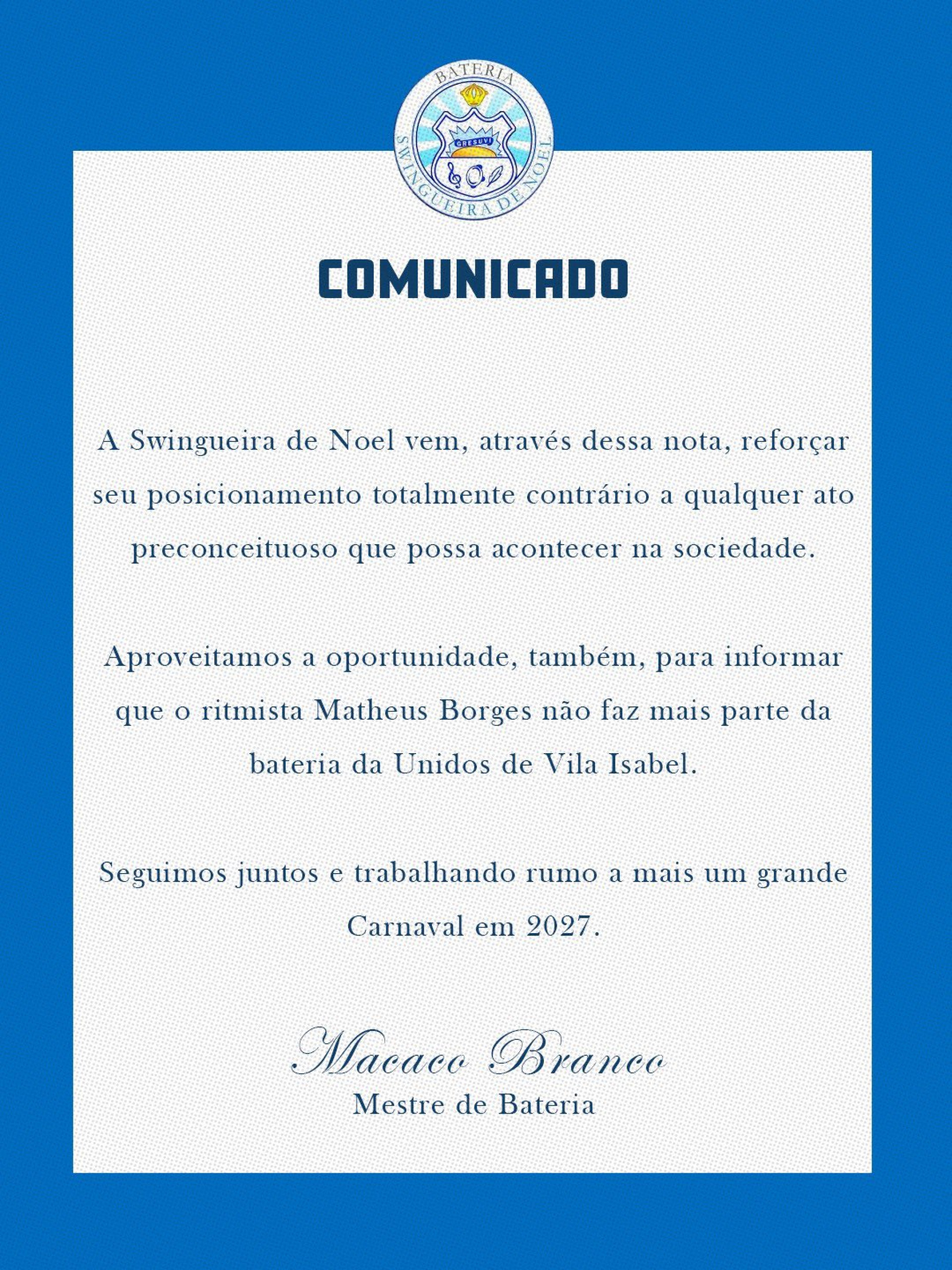 Bateria da Vila Isabel desliga ritmista após comentários homofóbicos - Reprodução / X